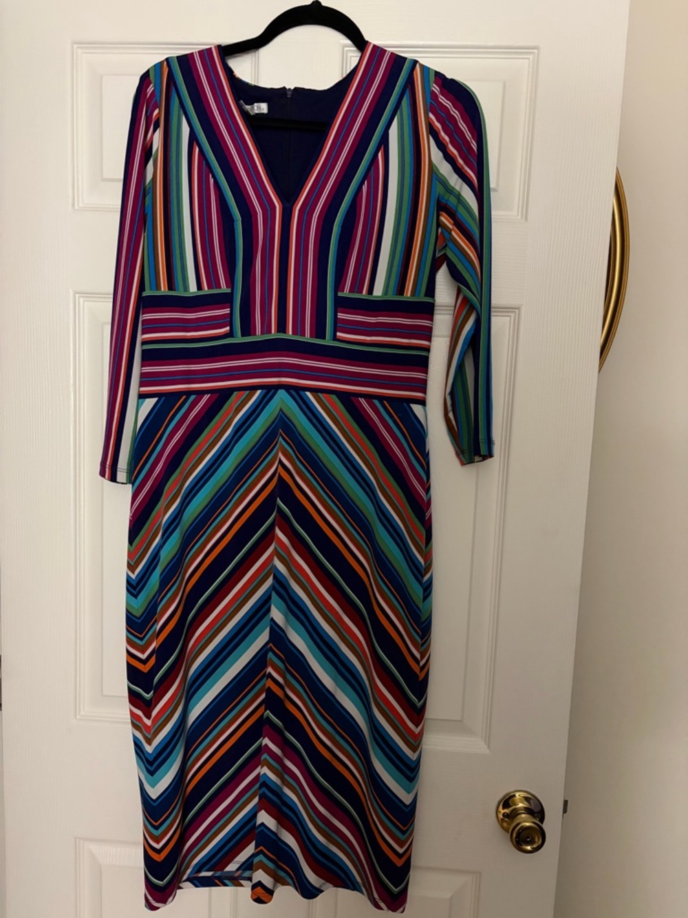Maggy London Multicolor Striped Long-Sleeve V-Neck Midi Dress